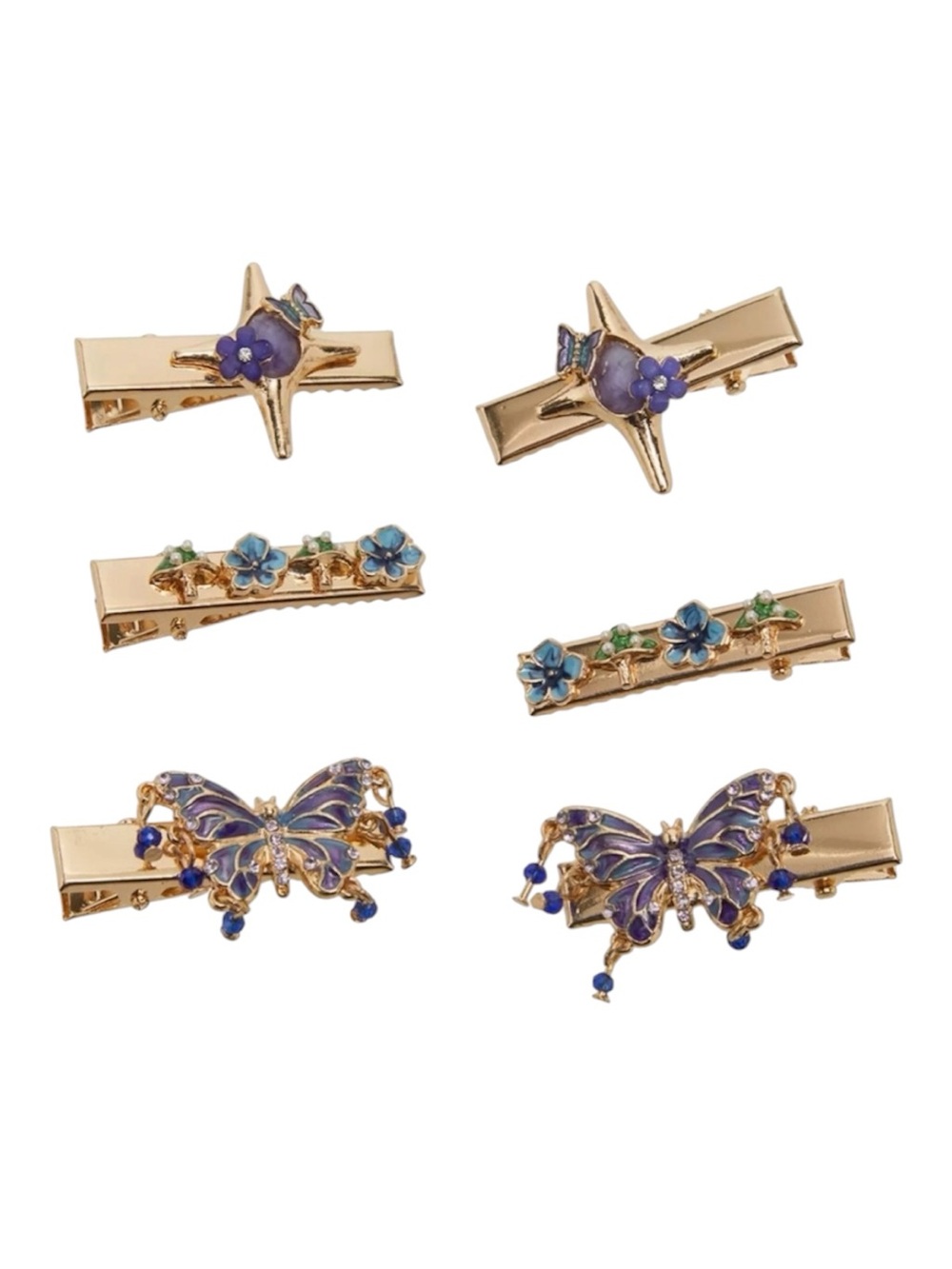 Hot Topic Thorn & Fable Star Butterfly Floral Gold & Purple 3 Pair Hair Clip Set